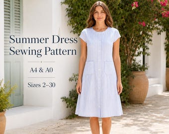 Button Front Summer Dress Sewing Pattern, A-Line Cap Sleeve PDF (Sizes 2-30)