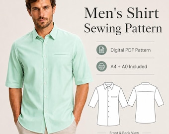 May include: A digital sewing pattern for a short-sleeved button-down shirt in light mint green. The image displays the text Men's Shirt Sewing Pattern, Digital PDF Pattern, A4 + A0 Included, and a line drawing showing the front and back view.