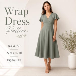 May include: A sage green wrap dress with short flutter sleeves and a midi-length skirt. The text reads: Wrap Dress Pattern, A4 & A0, Sizes 0-30, Digital PDF. The dress features a V-neckline and a fitted bodice that flares into a full skirt.