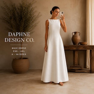 Boat Neck Linen Maxi Dress Sewing Pattern: Sleeveless A-Line PDF, Pockets, Sizes 0–30