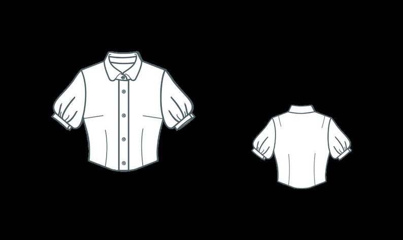 May include: A white short-sleeved button-up shirt with a collar and puffed sleeves. The shirt is shown from the front and back.