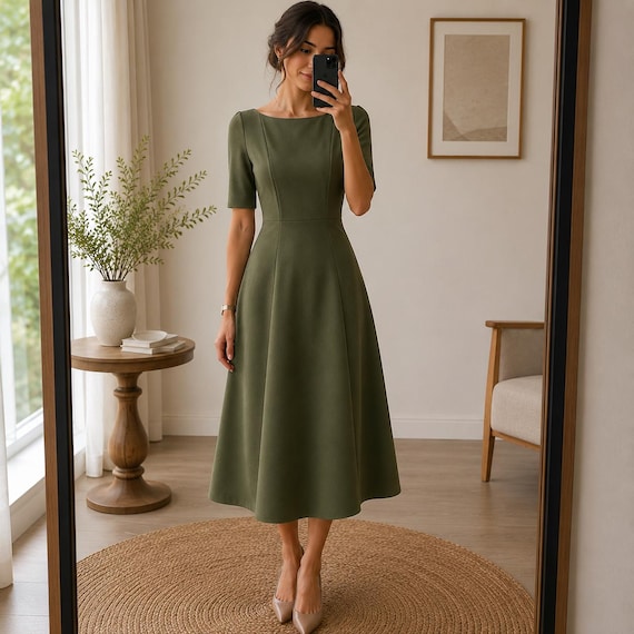 Boat Neck Vintage A-line Dress Sewing Pattern | Fit and Flare Dress PDF | US 2-30