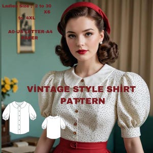 Könnte beinhalten: Ein Vintage-Shirt-Schnittmuster mit weißem Hintergrund und schwarzen Punkten. Das Schnittmuster beinhaltet einen Kragen, eine Knopfleiste vorne und kurze Ärmel. Das Schnittmuster ist in den Größen 2 bis 30, XS bis 4XL erhältlich. Das Schnittmuster ist auf A0-US Letter-A4 Papier gedruckt.