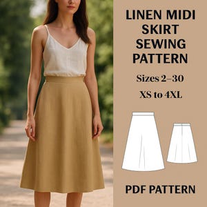 Linen Midi Skirt Sewing Pattern: Gathered A-Line (US 2-30 | XS-4XL) (Digital Download)