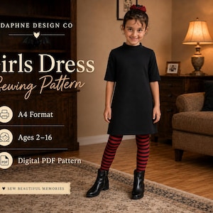 May include: A digital sewing pattern for a black mock neck dress with short sleeves. The text reads DAPHNE DESIGN CO, Girls Dress Sewing Pattern, A4 Format, Ages 2-16, Digital PDF Pattern, and SEW BEAUTIFUL MEMORIES. The dress is shown on a child.