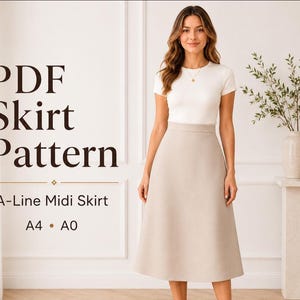 Molde para saia midi evasê, cintura alta, PDF, clássica feminina (A4 A0)