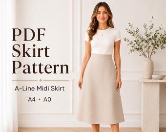 A-Line Midi Skirt Sewing Pattern, High Waist PDF, Classic Women’s (A4 A0)