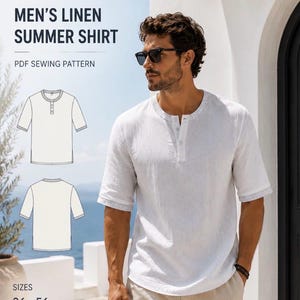 Men's Summer Linen Shirt Sewing Pattern: Short Sleeve (Digital Download) size 36 to 56