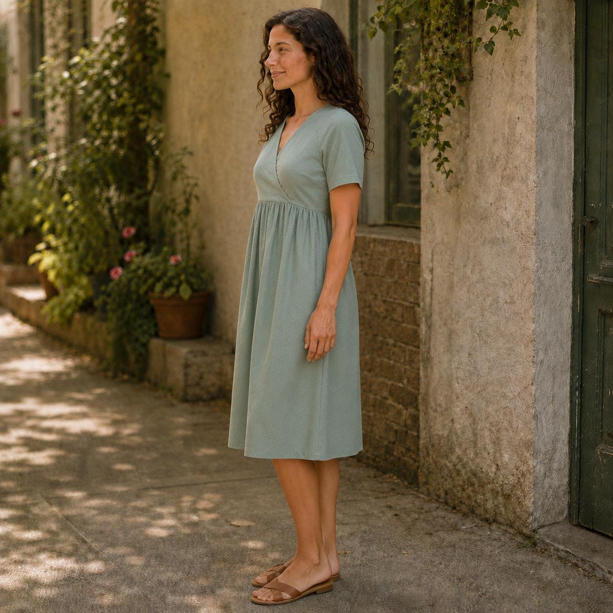 surplice empire waist dress ELLIE ROSE PRINT ON VENECIA SPANDEX l 3/4 SLEEVE SURPLICE EMPIRE WAIST Brndpark