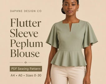 Flutter Sleeve Peplum Blouse PDF Sewing Pattern, A4 A0, Sizes 0-30