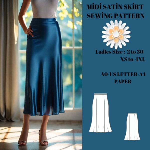 Midi silk satin skirt, bias cut Silk slip Skirt Sewing Pattern, Ladies Size ; US 2 to 30, A0 -A4 -US Letter