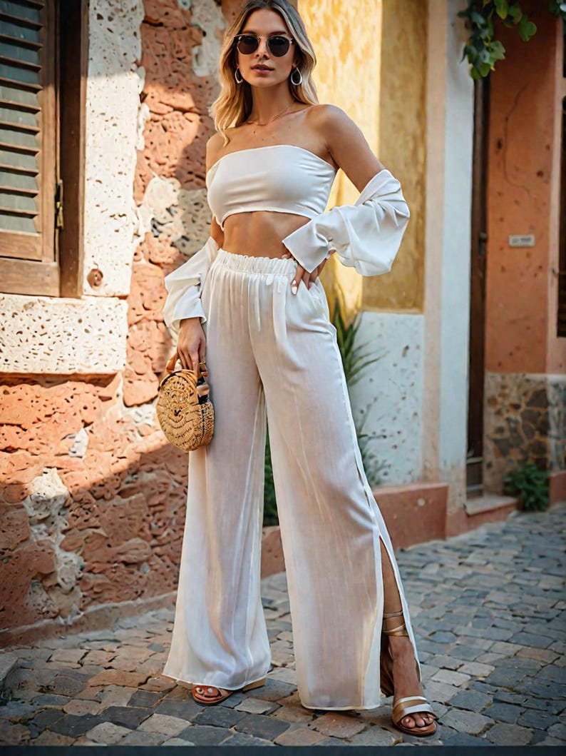 May include: A white two-piece set consisting of a strapless bandeau top and high-waisted wide-leg trousers with side slits. The outfit includes a matching long-sleeved bolero-style shrug and a round woven straw handbag with a top handle.