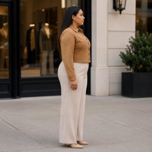 May include: A woman wearing a tan suede jacket with a button-up front and matching beige wide-leg pants. The outfit is paired with beige heels. The background includes a storefront and a small green bush in a black planter.