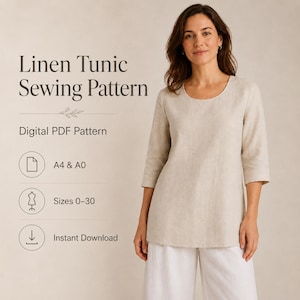 Può includere: Un cartamodello digitale in PDF per una tunica in lino. Il testo recita: Linen Tunic Sewing Pattern, Digital PDF Pattern, A4 & A0, Sizes 0-30, Instant Download. L'immagine mostra una tunica beige a maniche a tre quarti con pantaloni bianchi.