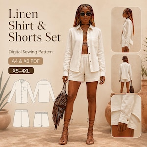 May include: A linen shirt and shorts set in a light beige color. The image shows a woman wearing the outfit, along with line drawings of the shirt and shorts. Text on the image reads "Linen Shirt & Shorts Set", "Digital Sewing Pattern", "A4 & A0 PDF", and "XS-4XL".