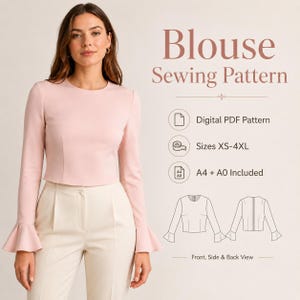 May include: A digital PDF sewing pattern for a light pink long-sleeve blouse with flared cuffs. The text reads Blouse Sewing Pattern, Digital PDF Pattern, Sizes XS-4XL, A4 + A0 Included, and Front, Side & Back View with line art illustrations.