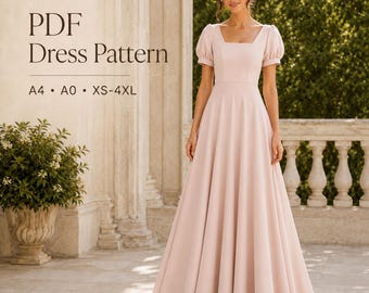 Square Neck Puff Sleeve Dress Pattern, Full Length Formal Gown PDF Sewing Pattern XS-4XL