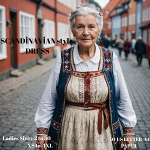 Könnte beinhalten: Eine Frau trägt ein blaues und weißes Kleid mit roten und weißen Stickereien. Das Kleid hat einen braunen Gürtel und ist im skandinavischen Stil gehalten. Der Text "SCANDINAVIAN style DRESS" befindet sich oben im Bild. Der Text "Ladies Size: 2 to 30 XS to 4XL" befindet sich unten links im Bild. Der Text "AO-US LETTER-A4 PAPER" befindet sich unten rechts im Bild.