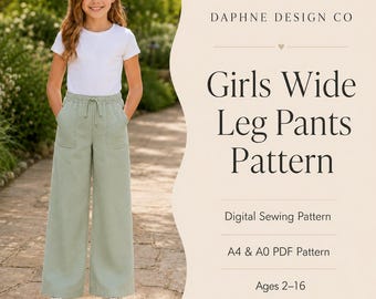 Patrón de costura para pantalones anchos de niña, pantalones con cintura elástica para niños (PDF), edades de 2 a 16 años.