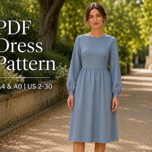 PDF-Schnittmuster für ein Kleid mit Bischofsärmeln, knielang, gerafft, A4-A0, Größen 0-30