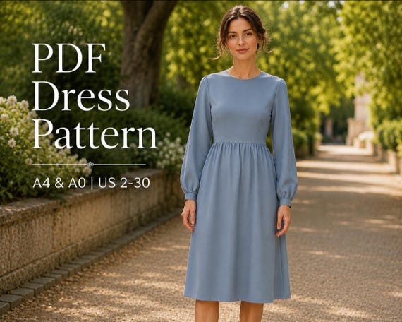 formal knee length dress patterns Bishop Sleeve PDF Pattern, Gathered Sewing Pattern A4-A0, Size 0-30 Original Lawn