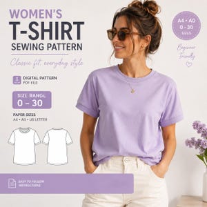 Women’s Cuffed T-Shirt Sewing Pattern PDF, A4 A0, Sizes 0-30, Instant Download