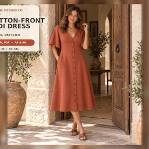 May include: A rust-coloured button-front midi dress with short flutter sleeves, a V-neckline, and side pockets. The text on the image reads: DAPHNE DESIGN CO, BUTTON-FRONT MIDI DRESS, SEWING PATTERN, DIGITAL PDF, A4 & A0, SIZES 0-30, XS-4XL.