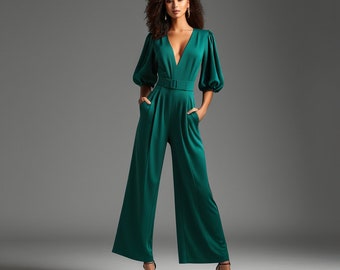 Bishop Sleeve Jumpsuit Sewing Pattern: Front Zipper, Wide Leg (US 2-30) (PDF Pattern)