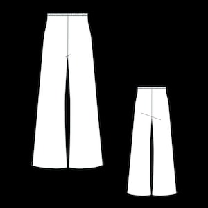 May include: A technical line drawing of two pairs of white wide-leg trousers shown against a black background. Each pair features a high-waisted design with a visible elasticated waistband and a straight-cut silhouette that flares slightly at the hem.