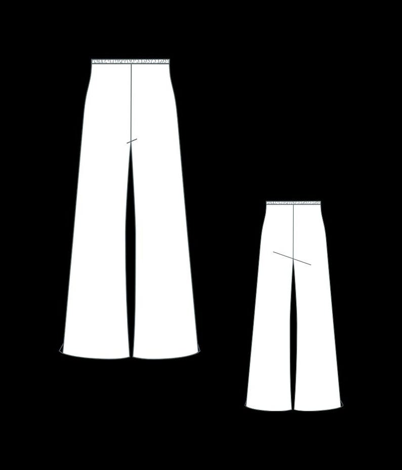 May include: A technical line drawing of two pairs of white wide-leg trousers shown against a black background. Each pair features a high-waisted design with a visible elasticated waistband and a straight-cut silhouette that flares slightly at the hem.