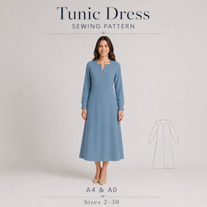 May include: A sewing pattern for a Tunic Dress featuring a blue long-sleeved dress with a notched neckline and a flared skirt. The image includes the text Tunic Dress SEWING PATTERN, A4 & A0, and Sizes 2-30, along with a black and white line drawing.