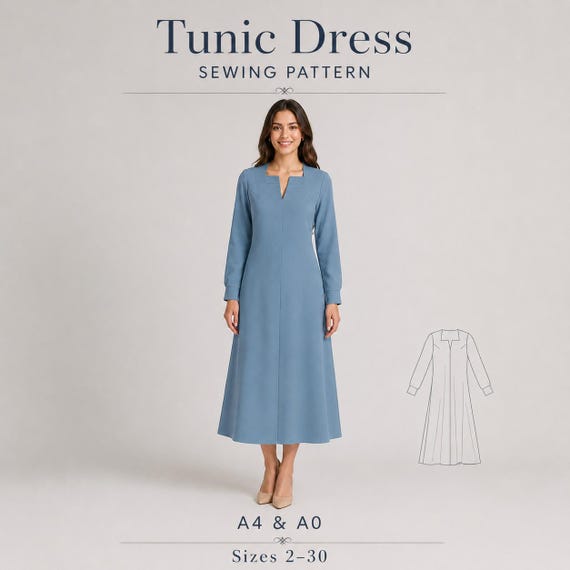 Tunic Dress Sewing Pattern, Long Sleeve Modest Dress PDF, A4 A0, Sizes 2–30