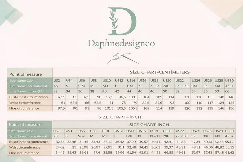 May include: A size chart with measurements in centimeters and inches. The chart includes bust, waist, and hip circumferences, with sizes ranging from US2 to US30. The brand name "Daphnedesignco" is at the top.