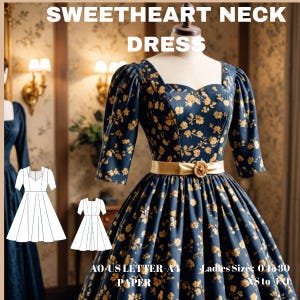 Peut inclure: Une robe à imprimé floral bleu et or avec un décolleté en cœur et des manches 3/4. La robe a un corsage ajusté et une jupe ample. La robe est présentée sur un mannequin. Le patron de la robe est étiqueté "AO-US LETTER-A4 PAPER" et "Ladies Size: 0-10-30 XS to 4XL".