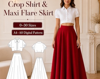 Crop Shirt & Maxi Skirt Sewing Pattern, Vintage Two Piece PDF (Sizes 2–30)
