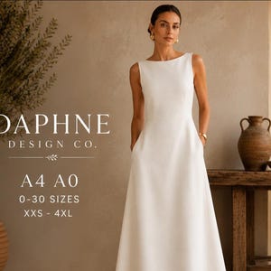Patrón de costura para vestido largo de lino con escote barco: sin mangas, corte en A, PDF, bolsillos, tallas 0–30