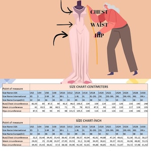 May include: Size chart in centimeters and inches for clothing. The chart shows measurements for bust, waist, and hips in US sizes, international sizes, and European sizes. The chart includes sizes from XS to 4XL+