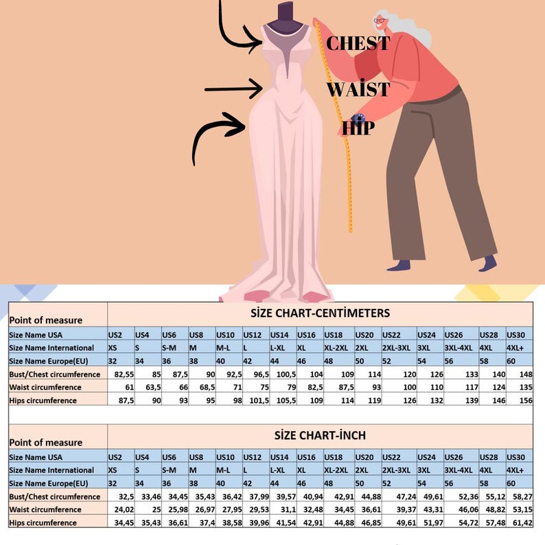 May include: Size chart in centimeters and inches for clothing. The chart shows measurements for bust, waist, and hips in US sizes, international sizes, and European sizes. The chart includes sizes from XS to 4XL+