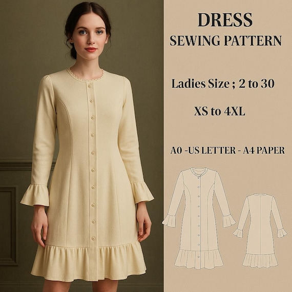 Vintage Ruffle Dress Sewing Pattern: Long Sleeve Button Front (PDF Pattern)  - Etsy