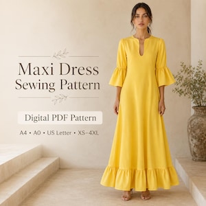 Patrón de costura en PDF para vestido largo, vestido con mangas acampanadas y bajo con volantes, tallas XS-4XL