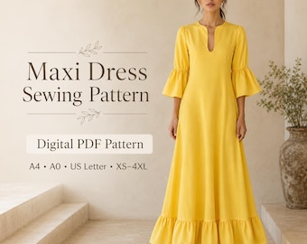 Maxi Dress Sewing Pattern PDF, Bell Sleeve Ruffle Hem Dress, XS-4XL