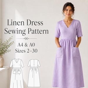 Schnittmuster für ein Leinenkleid mit V-Ausschnitt und geraffter Taille (PDF, A4/A0)