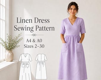V Neck Linen Dress Sewing Pattern, Gathered Waist Dress PDF, A4 A0