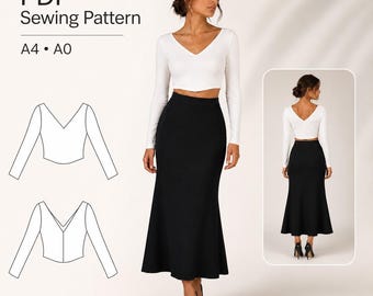 V Neck Crop Top Sewing Pattern, Long Sleeve Blouse PDF, Sizes 2-30