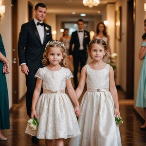Può includere: Due bambine in abiti bianchi, che si tengono per mano, camminano lungo un corridoio. Gli abiti hanno dettagli decorativi e sono accentuati da una fascia. Una bambina indossa una tiara. Un corteo nuziale è visibile sullo sfondo.