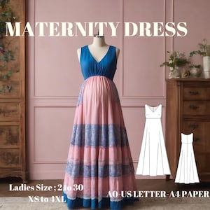 Modello di abito premaman da cucire, taglie da donna: dalla 2 alla 30 USA, dalla XS alla 4 XL, formato A0, A4, carta da lettere USA.