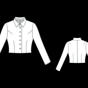 May include: A white, long-sleeved button-down shirt with a collar, shown from the front and back. The front view has buttons down the center. The shirt has a fitted silhouette.
