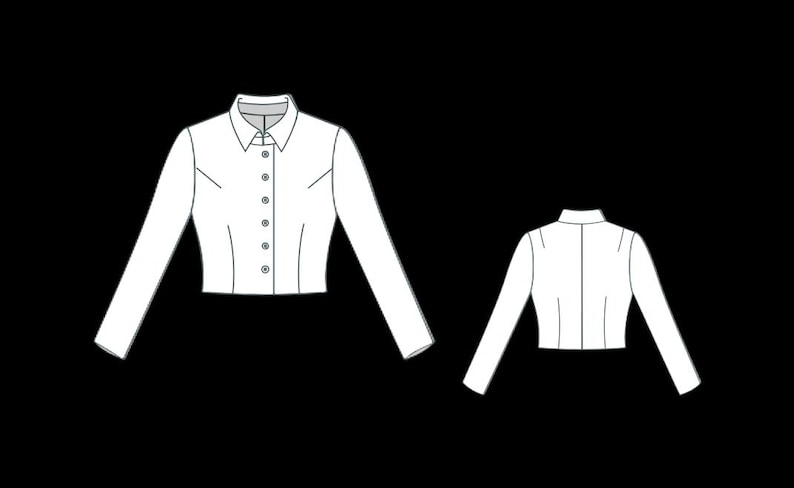 May include: A white, long-sleeved button-down shirt with a collar, shown from the front and back. The front view has buttons down the center. The shirt has a fitted silhouette.