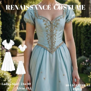 Puede incluir: Un patrón de costura digital para un disfraz de Renacimiento. El patrón incluye un corpiño, una falda y mangas. El patrón está disponible en tallas 2 a 30 y XS a 4XL. El patrón se imprime en papel A4.