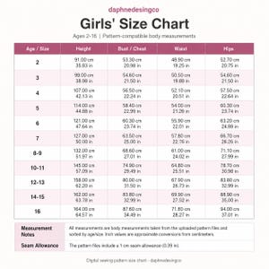 Puede incluir: Una tabla de tallas para ni&ntilde;as de daphnedesingco que muestra las medidas corporales para edades de 2 a 16 a&ntilde;os. La tabla incluye columnas para altura, busto/pecho, cintura y caderas en cent&iacute;metros y pulgadas, adem&aacute;s de notas de medici&oacute;n.